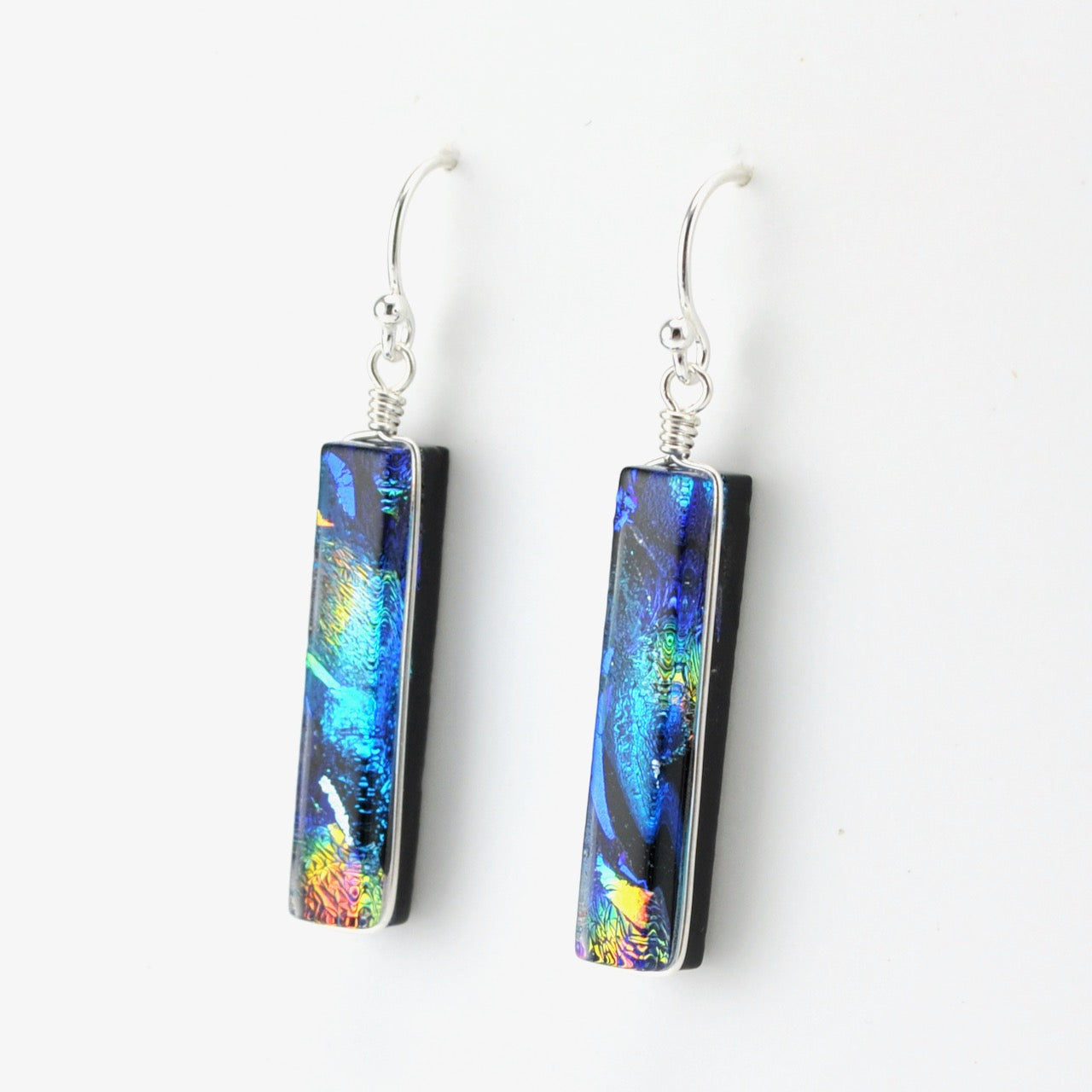 Side View Sterling Silver Dichroic Glass Rainbow Blue Rectangular Earring