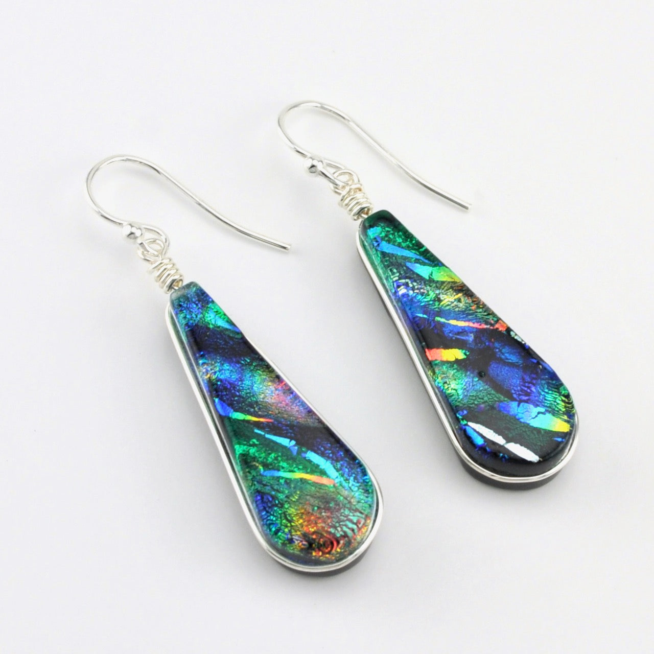 Sterling Silver Dichroic Glass Rainbow Green Earring