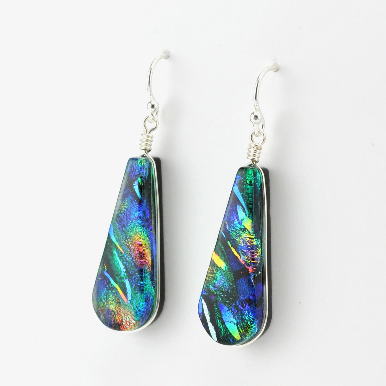 Alt View Sterling Silver Dichroic Glass Rainbow Green Earring