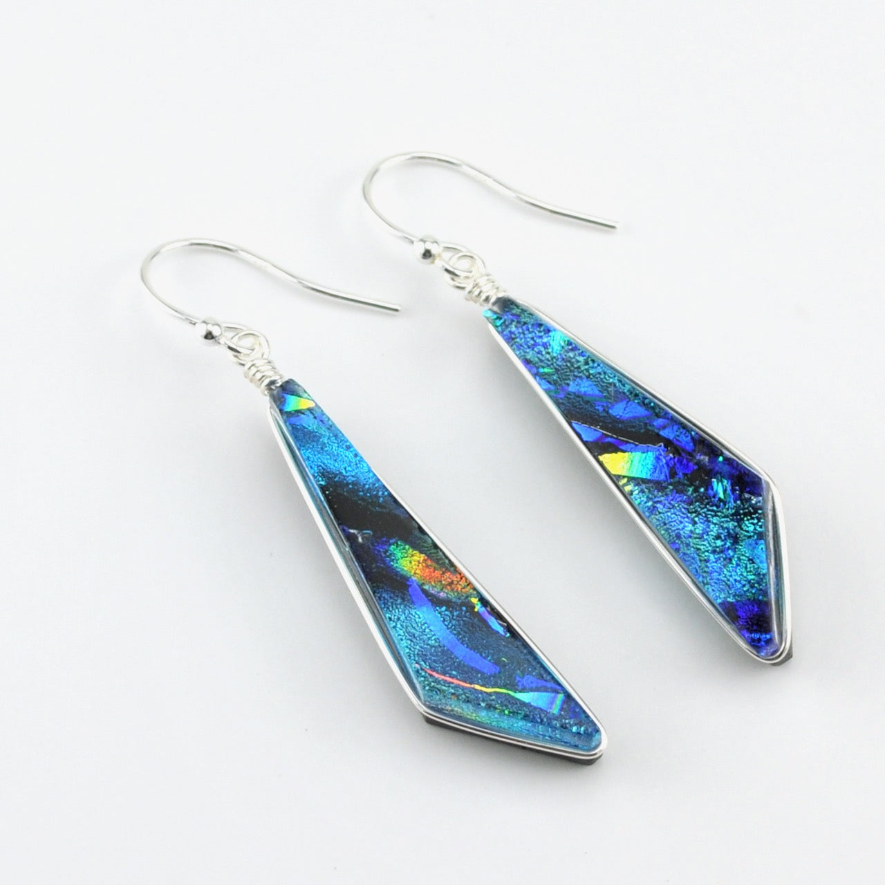 Sterling Silver Dichroic Glass Rainbow Blue Comet Dangle Earrings