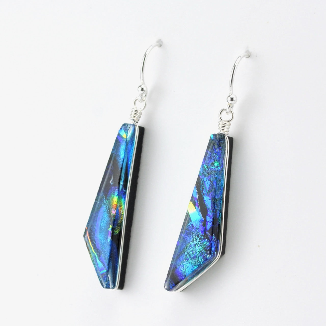 Alt View Sterling Silver Dichroic Glass Rainbow Blue Comet Dangle Earrings