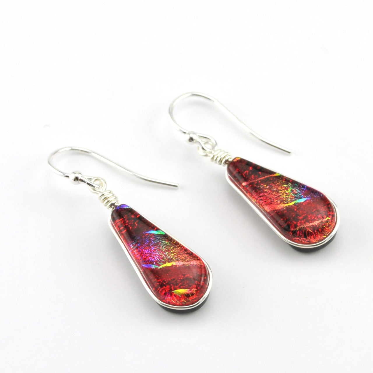 Sterling Silver Dichroic Glass Rainbow Red Tear Dangle Earrings