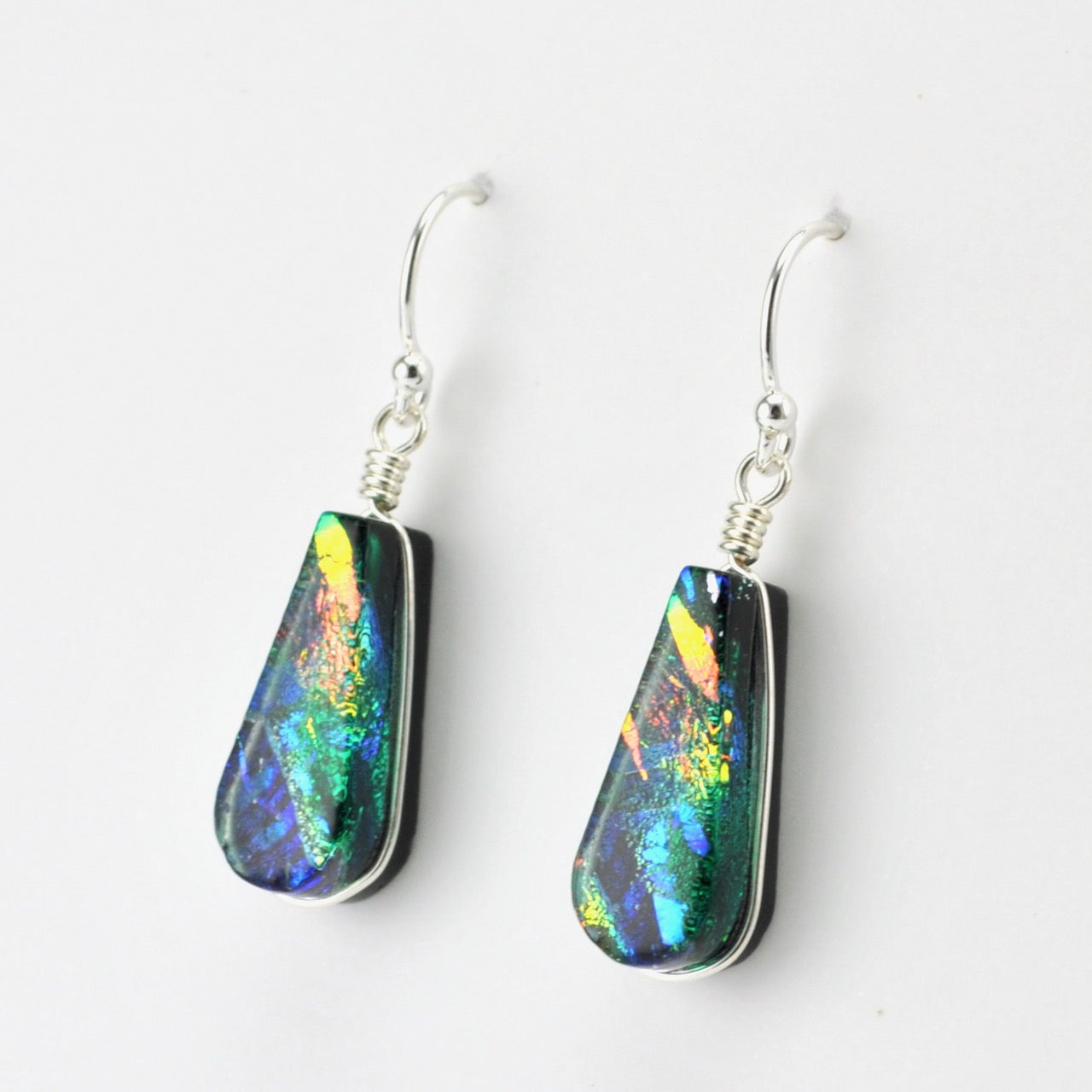 Alt View Sterling Silver Dichroic Glass Rainbow Green Teardrop Dangle Earrings