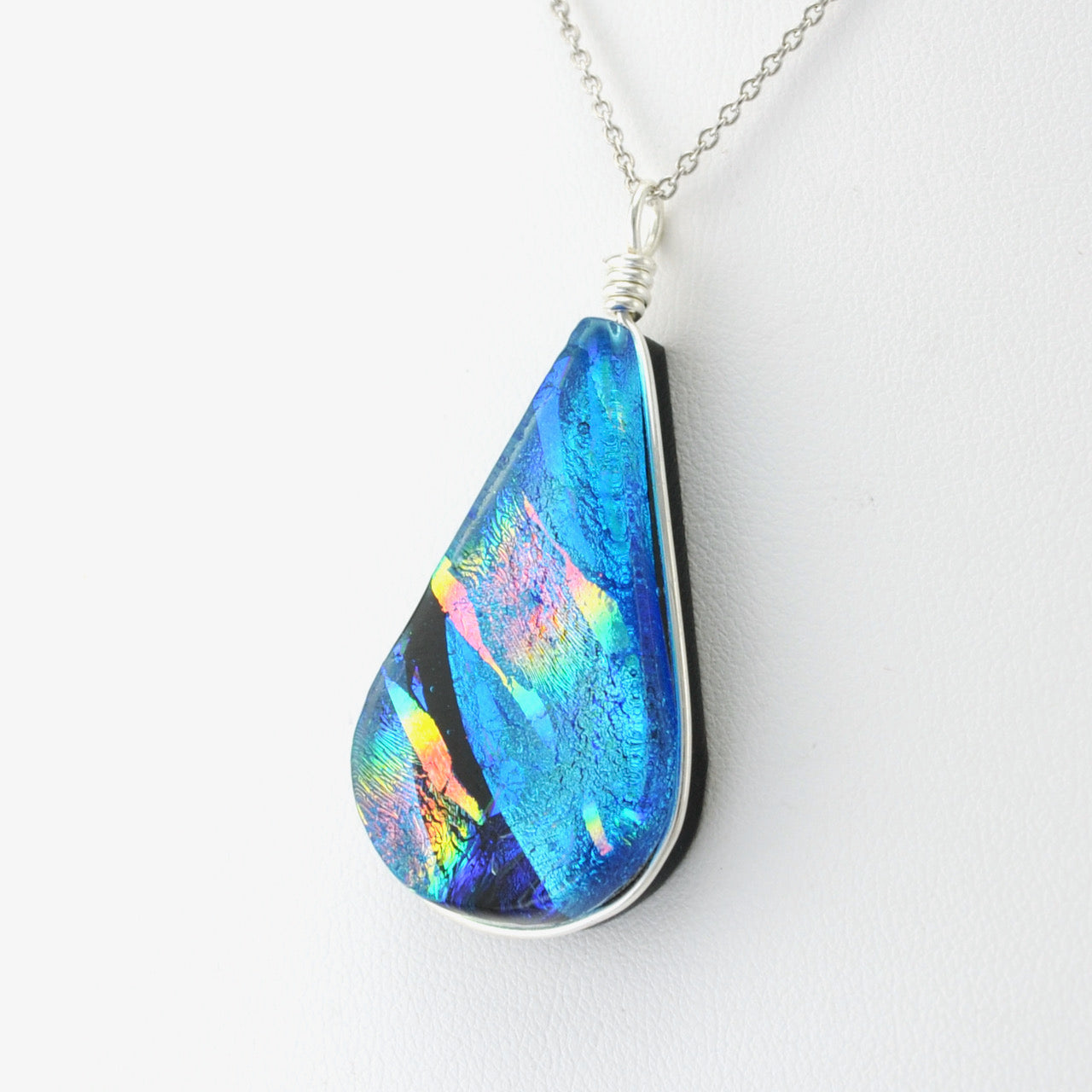 Silver Dichroic Glass Rainbow Blue Teardrop Pendant