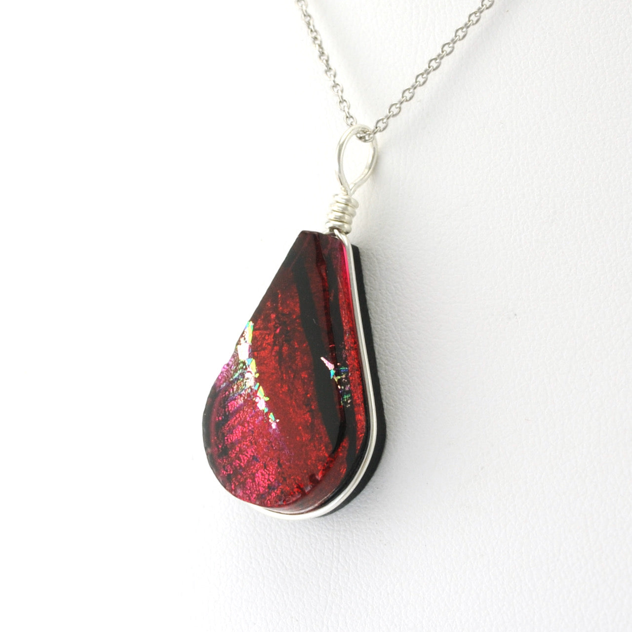 Silver Dichroic Glass Cranberry Red Teardrop Pendant