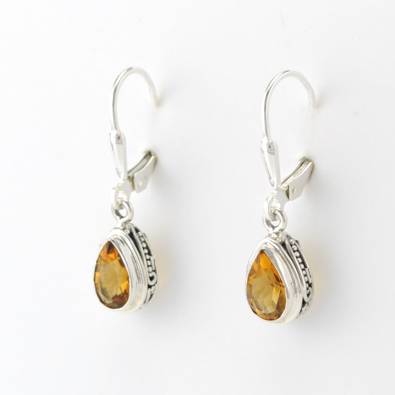 Silver Citrine 5x8mm Tear Bali Dangle Earrings