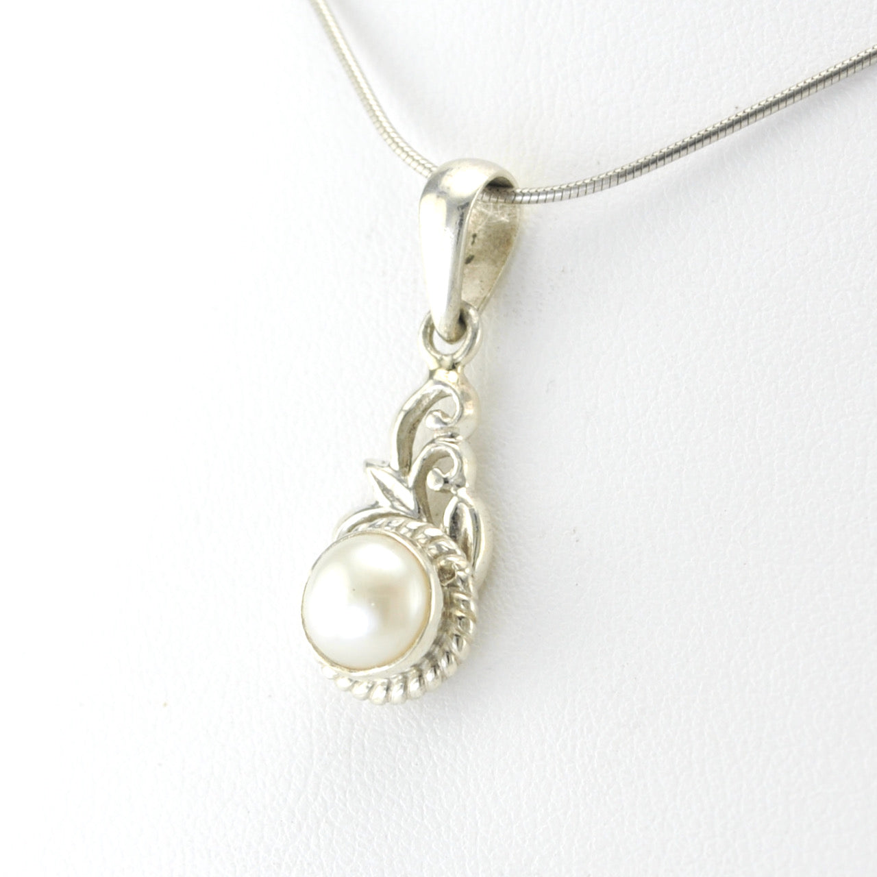Side View Silver 7mm Pearl Scroll Pendant