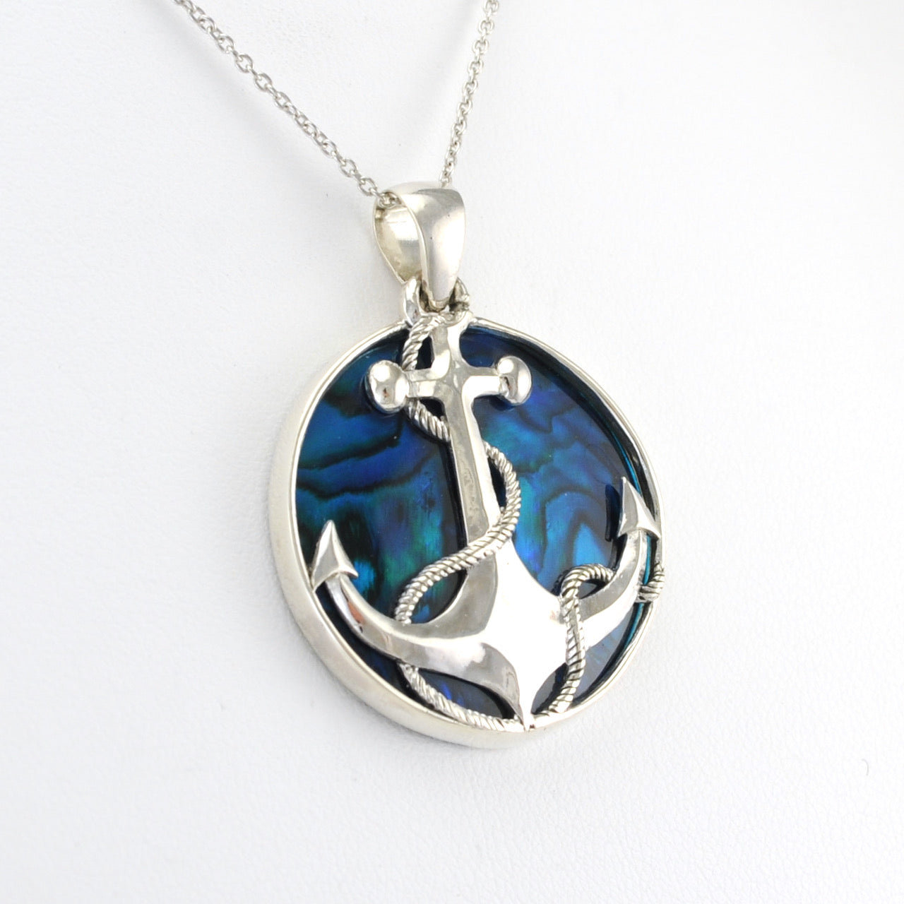 Side View Silver Blue Abalone Anchor Pendant