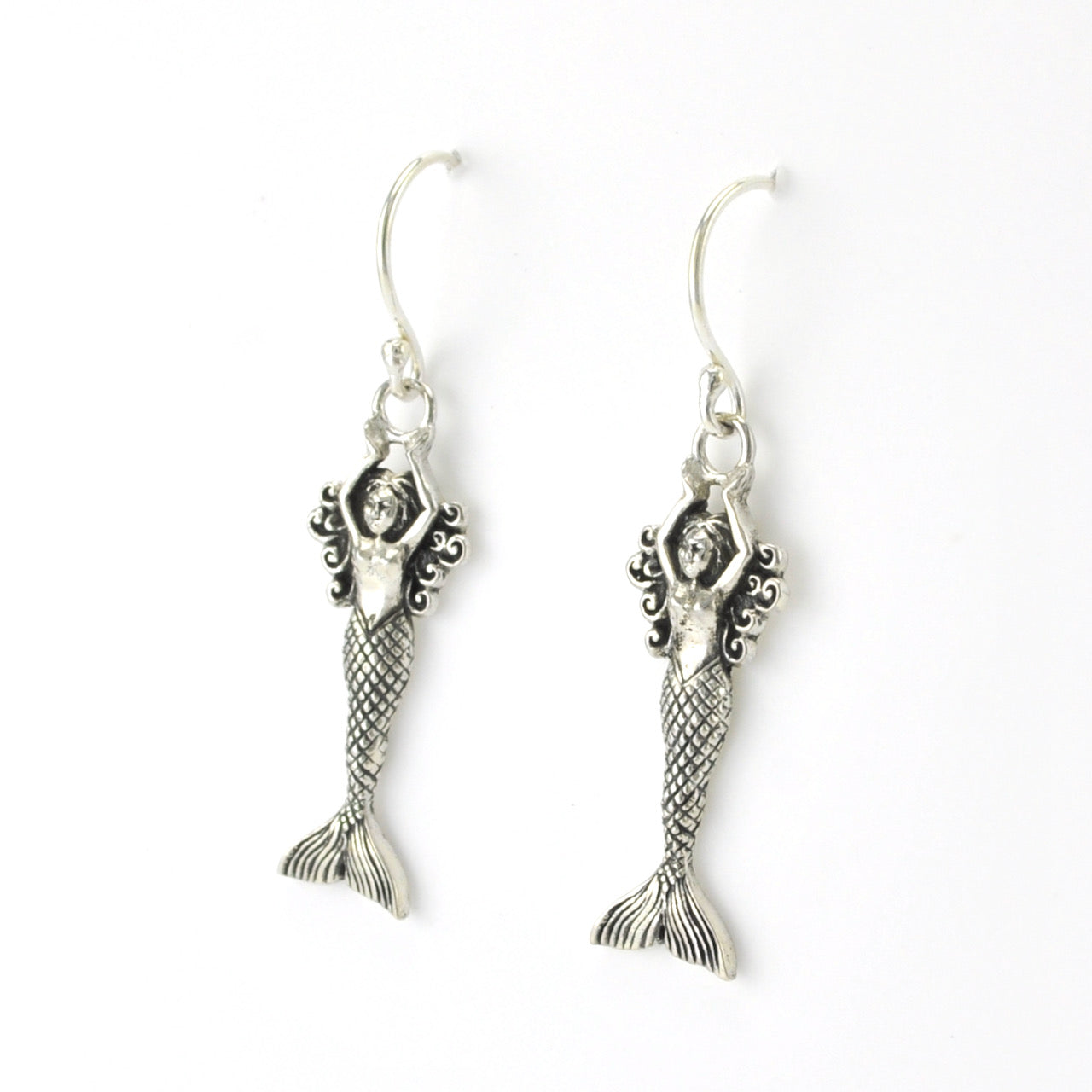 Side View Silver Mermaid Dangle Earrings