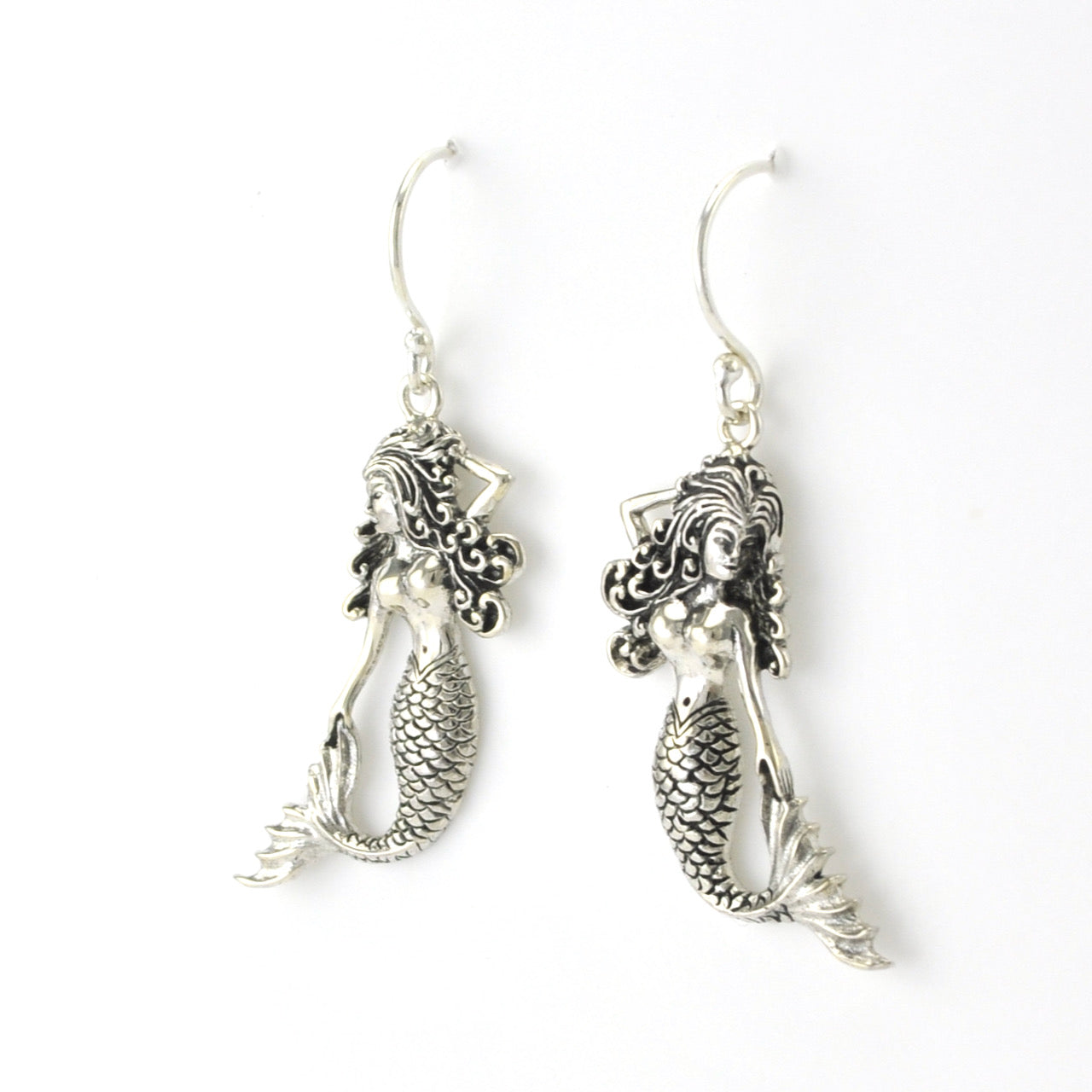 Side View Silver Mermaid Tail Out Dangle Earrings