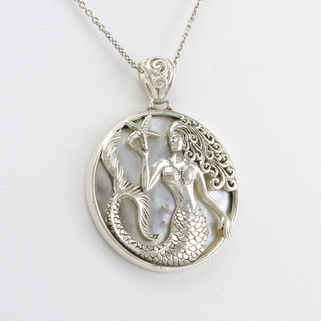 Side View Silver Mermaid with Starfish Mother of Pearl Pendant