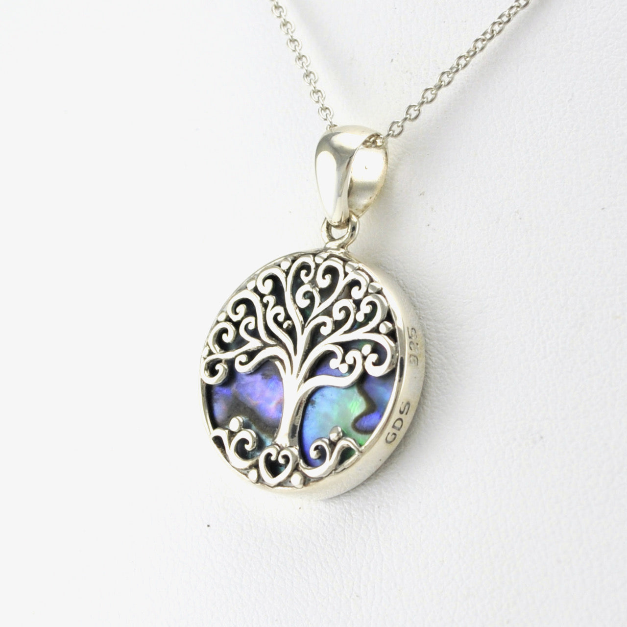 Side View Sterling Silver Abalone Tree of Life Necklace