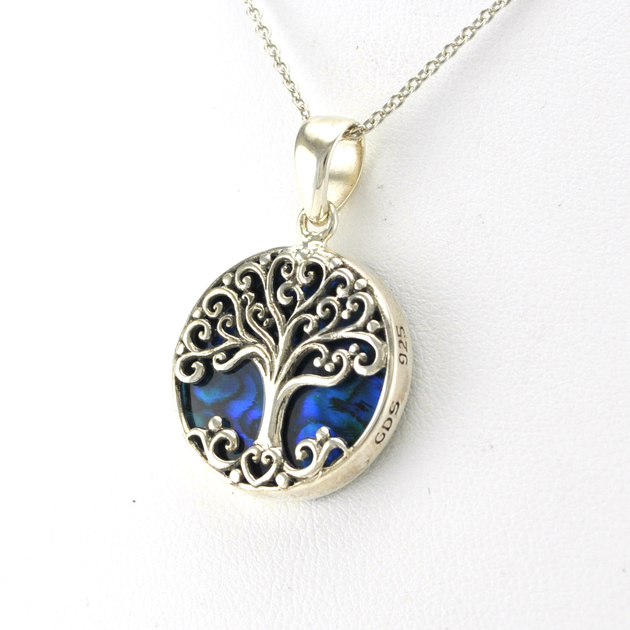 Side View Sterling Silver Blue Abalone Tree of Life Necklace