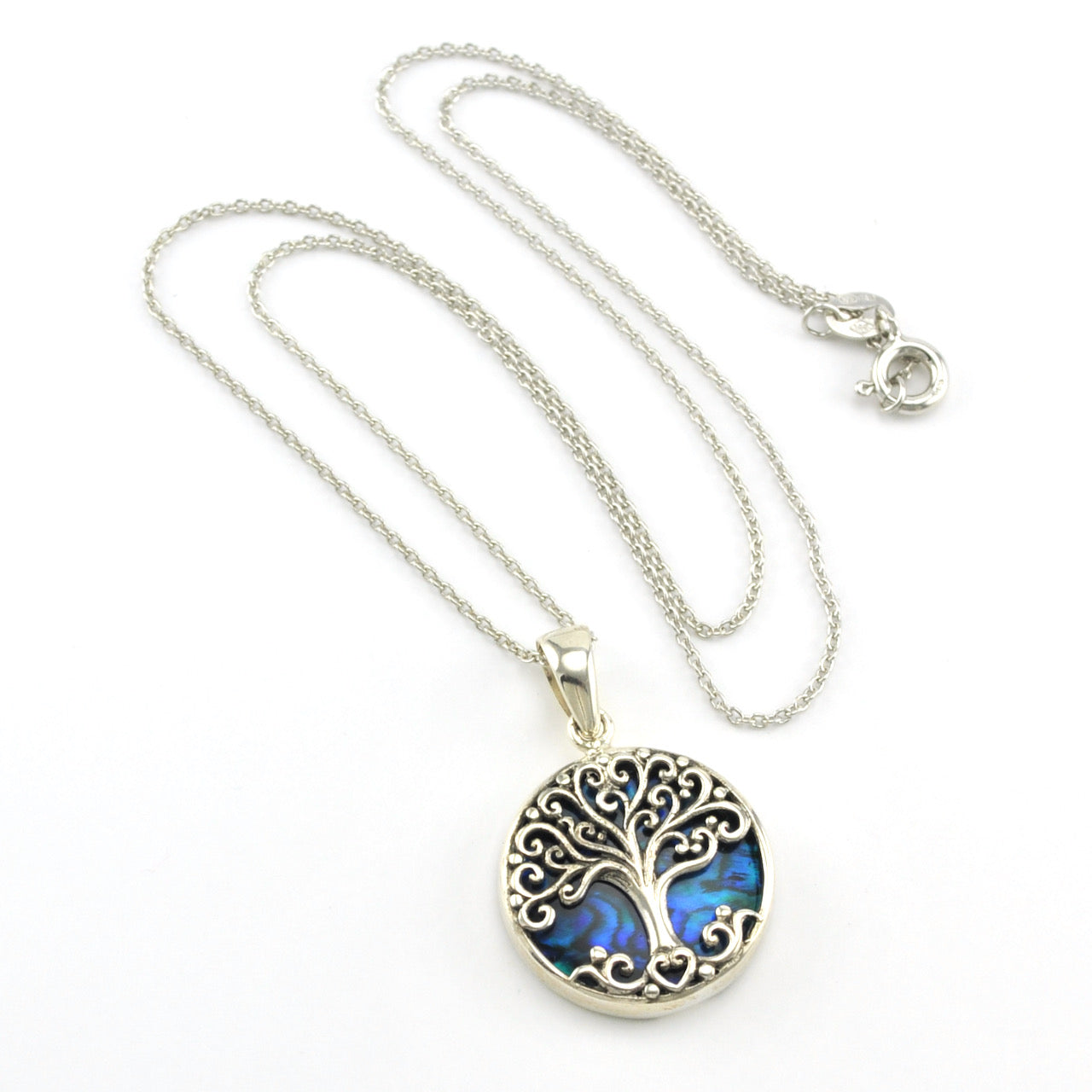 Sterling Silver Blue Abalone Tree of Life Necklace