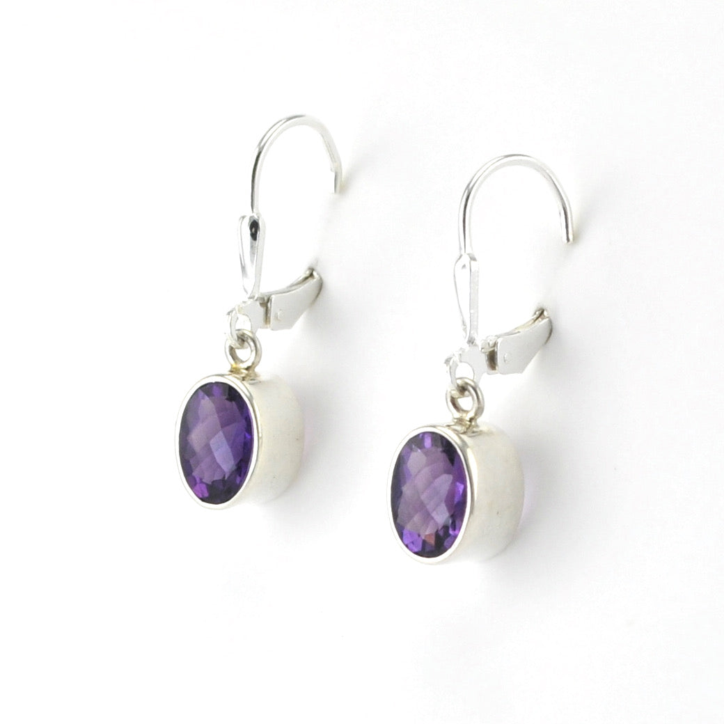 Silver Amethyst 6x8mm Oval Dangle Earrings