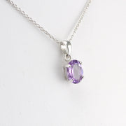 Side View Silver Amethyst Oval Drop Necklace