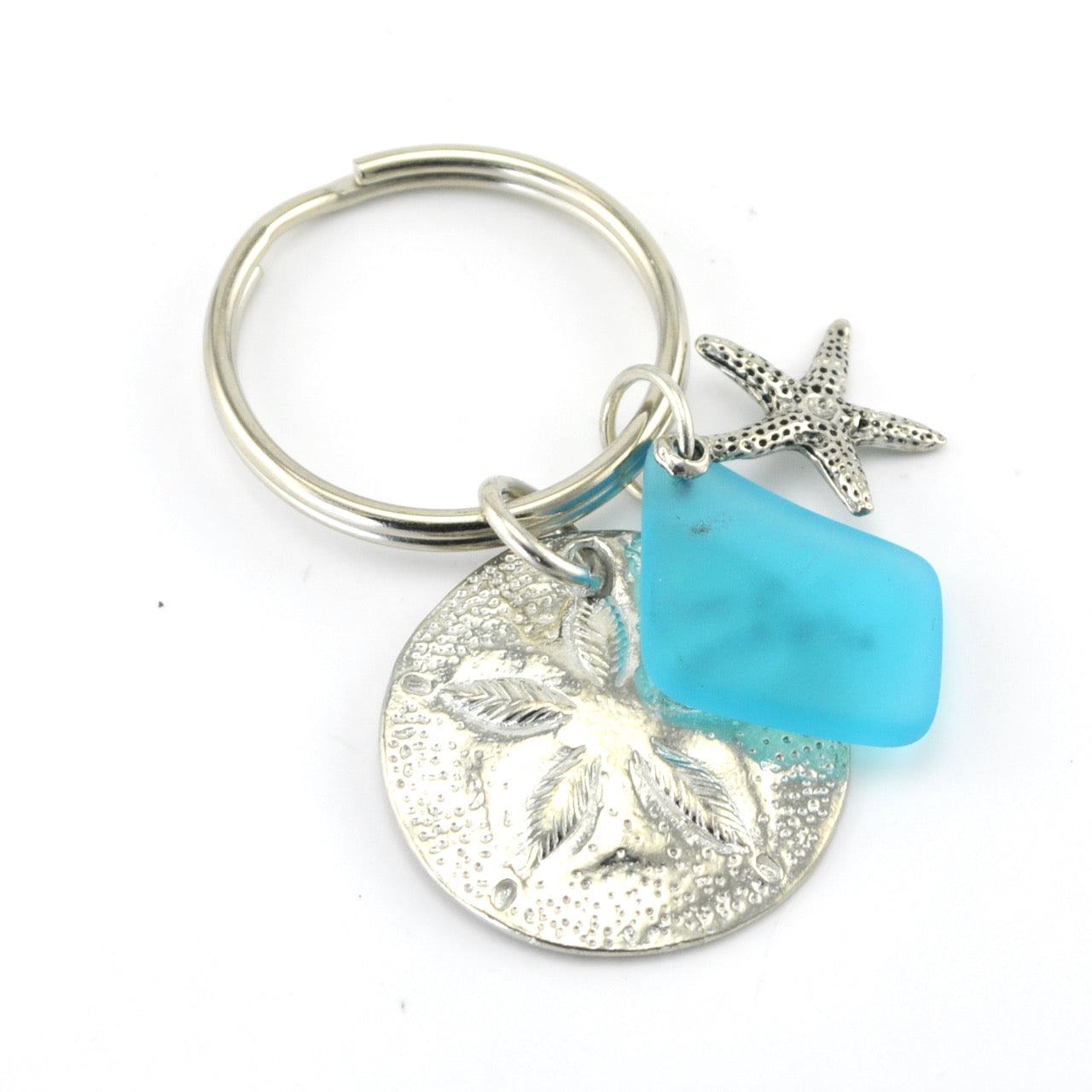 Turquoise Sea Glass Sand Dollar Key Ring