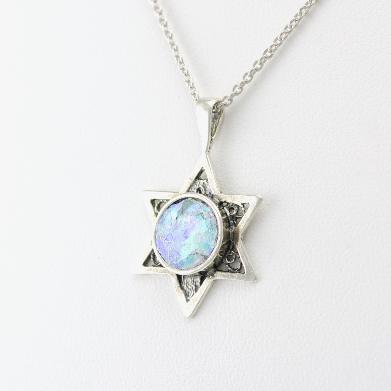 Side View Silver Roman Glass Star of David Pendant
