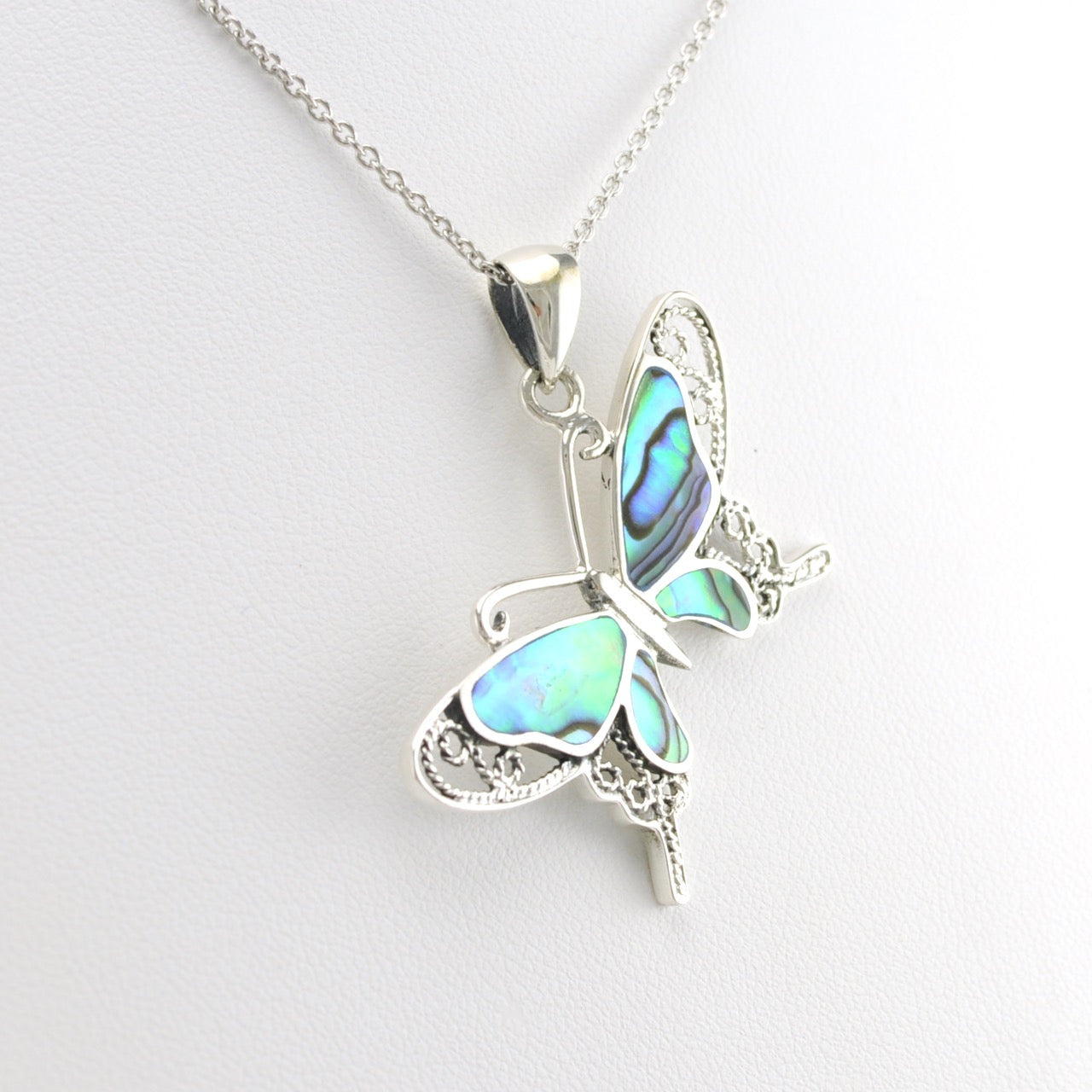 Side View Silver Abalone Butterfly Pendant