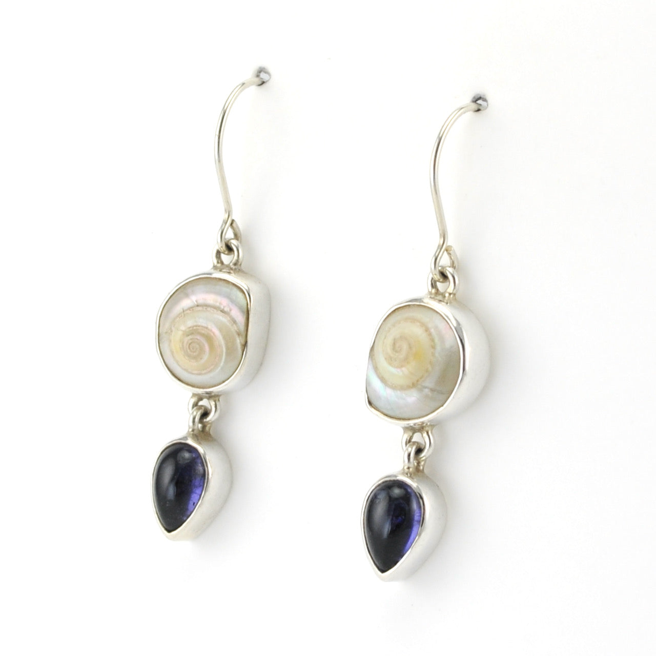 Side View Silver Malabar Shell Iolite Earrings