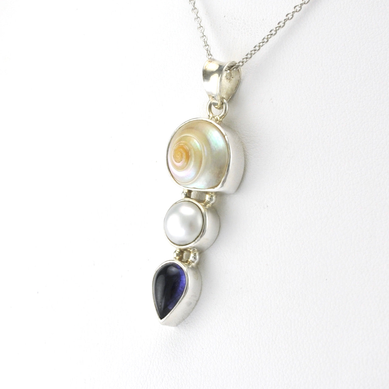 Side View Sterling Silver Malabar Shell Pearl Iolite Necklace