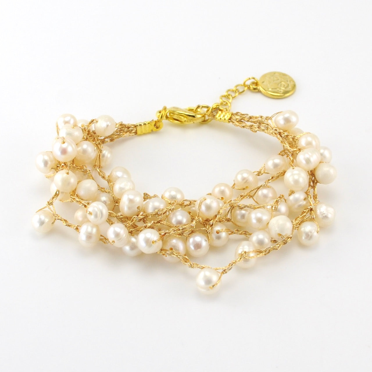 Gold Japanese Silk White Pearl Bracelet