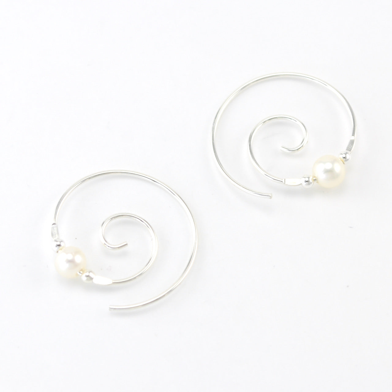 Silver Spiral White Pearl Outer Edge Earrings