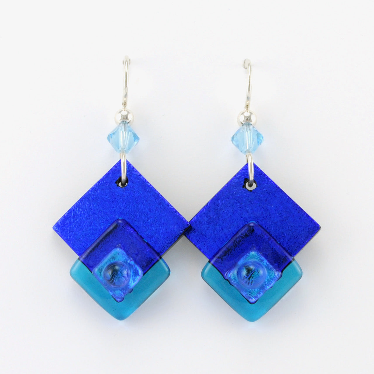 Electric Blue Fused Glass Double Diamond Earrings