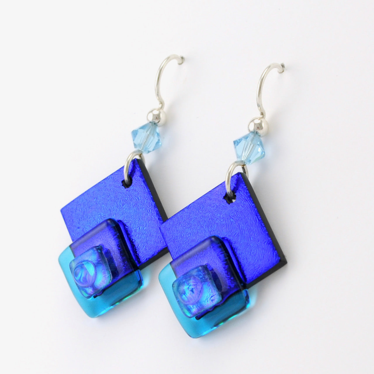 Side View Electric Blue Fused Glass Double Diamond Earrings