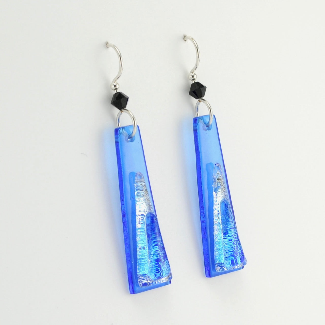 Side View True Blue Fused Glass Elongated Triangular Earrings