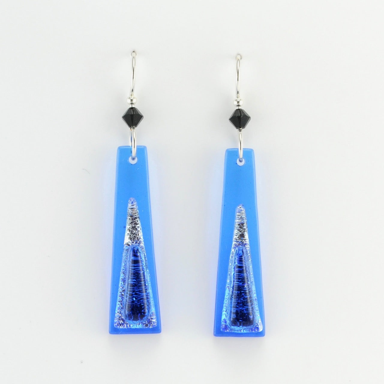 Front View True Blue Fused Glass Elongated Triangular Earrings