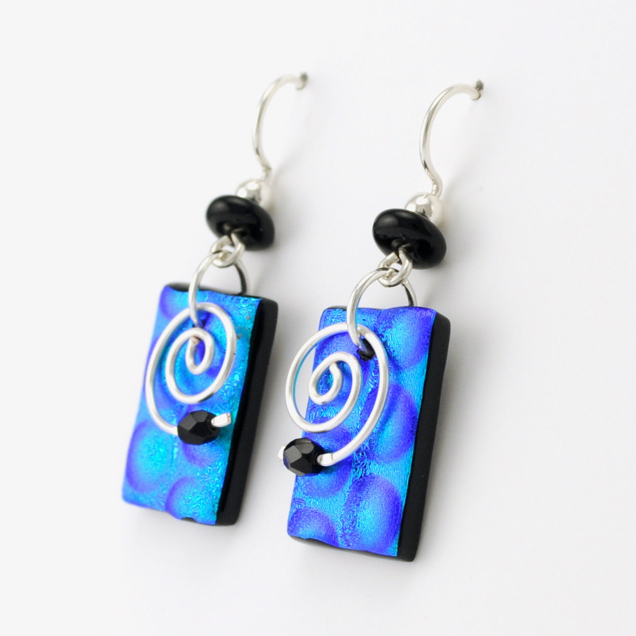 Radium Blue Fused Glass Rectangle Spiral Earrings