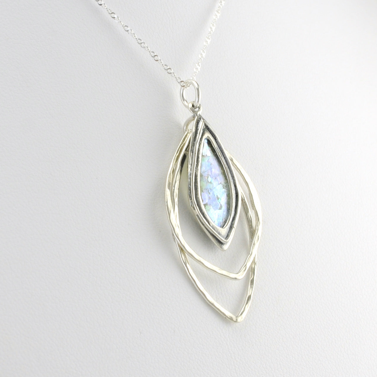 Side View Silver Roman Glass 3 Marquise Necklace