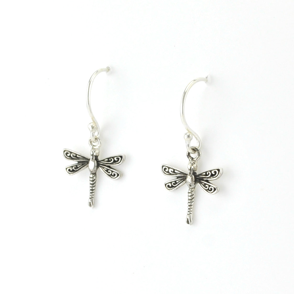 Side View Silver Dragonfly Dangle Earrings