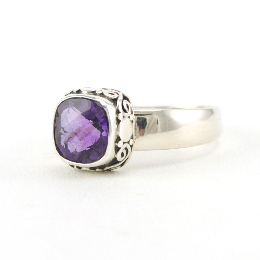 Silver Amethyst Square Bali Ring