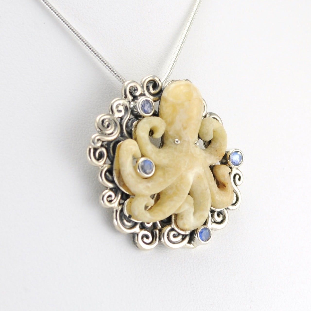 Side View Silver Fossil Walrus Ivory Octopus Moonstone Pendant