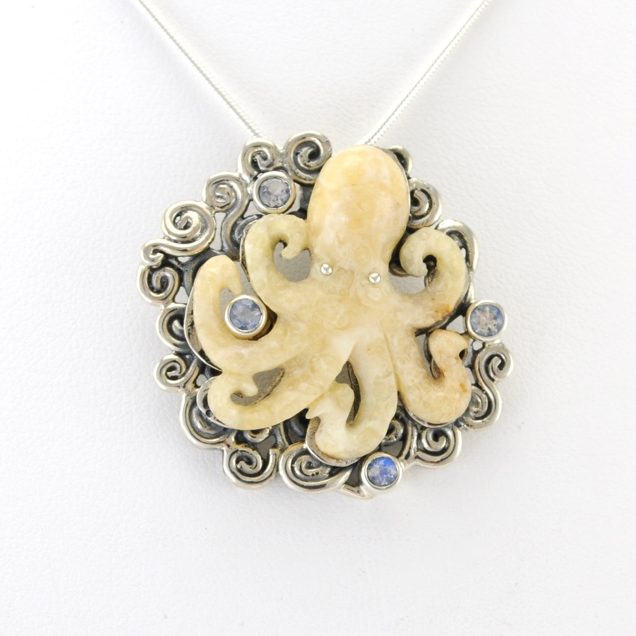 Alt View Silver Fossil Walrus Ivory Octopus Moonstone Pendant