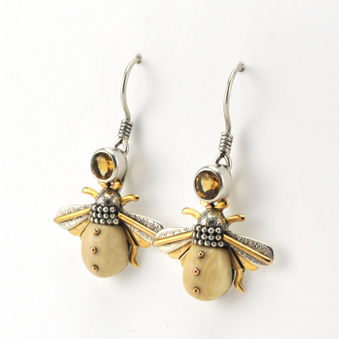 Side View Silver Fossil MammothIvory Bee with Citrine Earrings