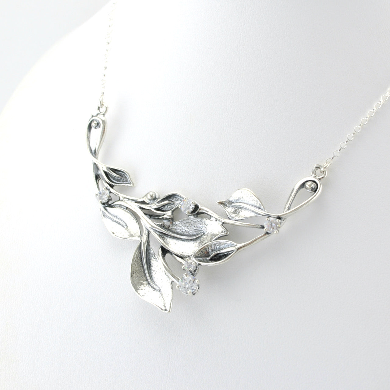 Sterling Silver Leaf Necklace with Cubic Zirconia