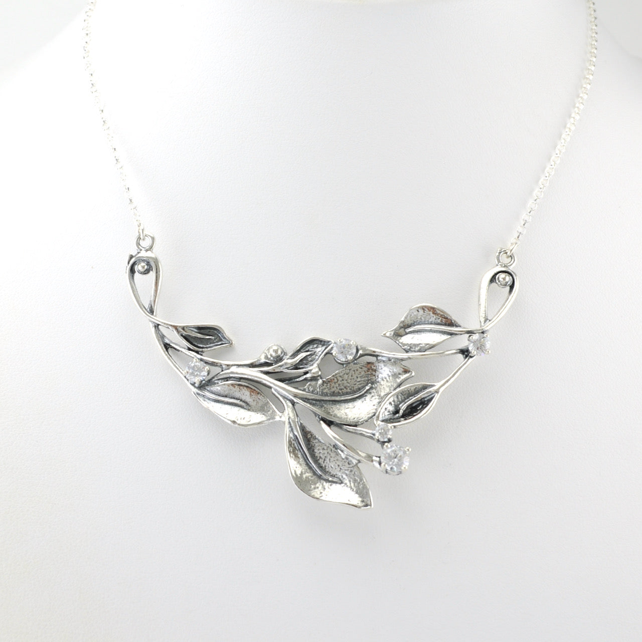 Alt View Sterling Silver Leaf Necklace with Cubic Zirconia