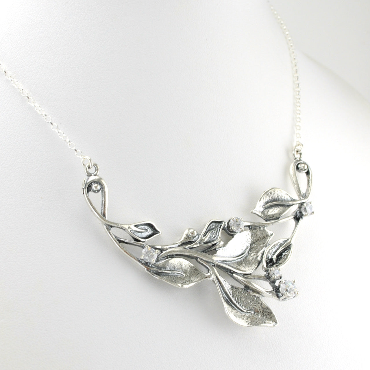 Side View Sterling Silver Leaf Necklace with Cubic Zirconia