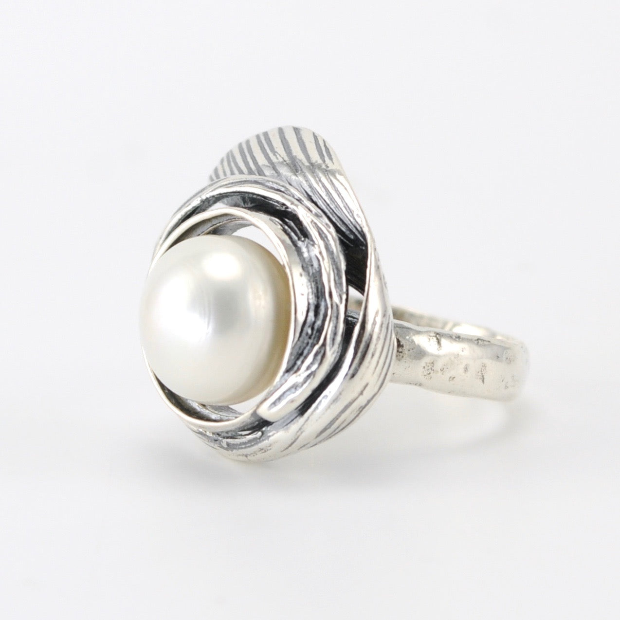 Silver Pearl Ring Swirl Ring