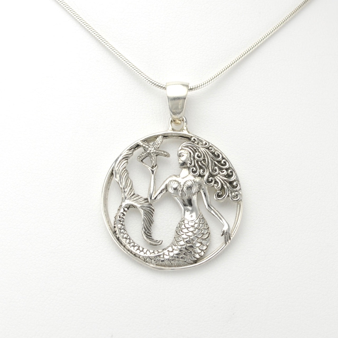 Silver Mermaid with Starfish Round Pendant