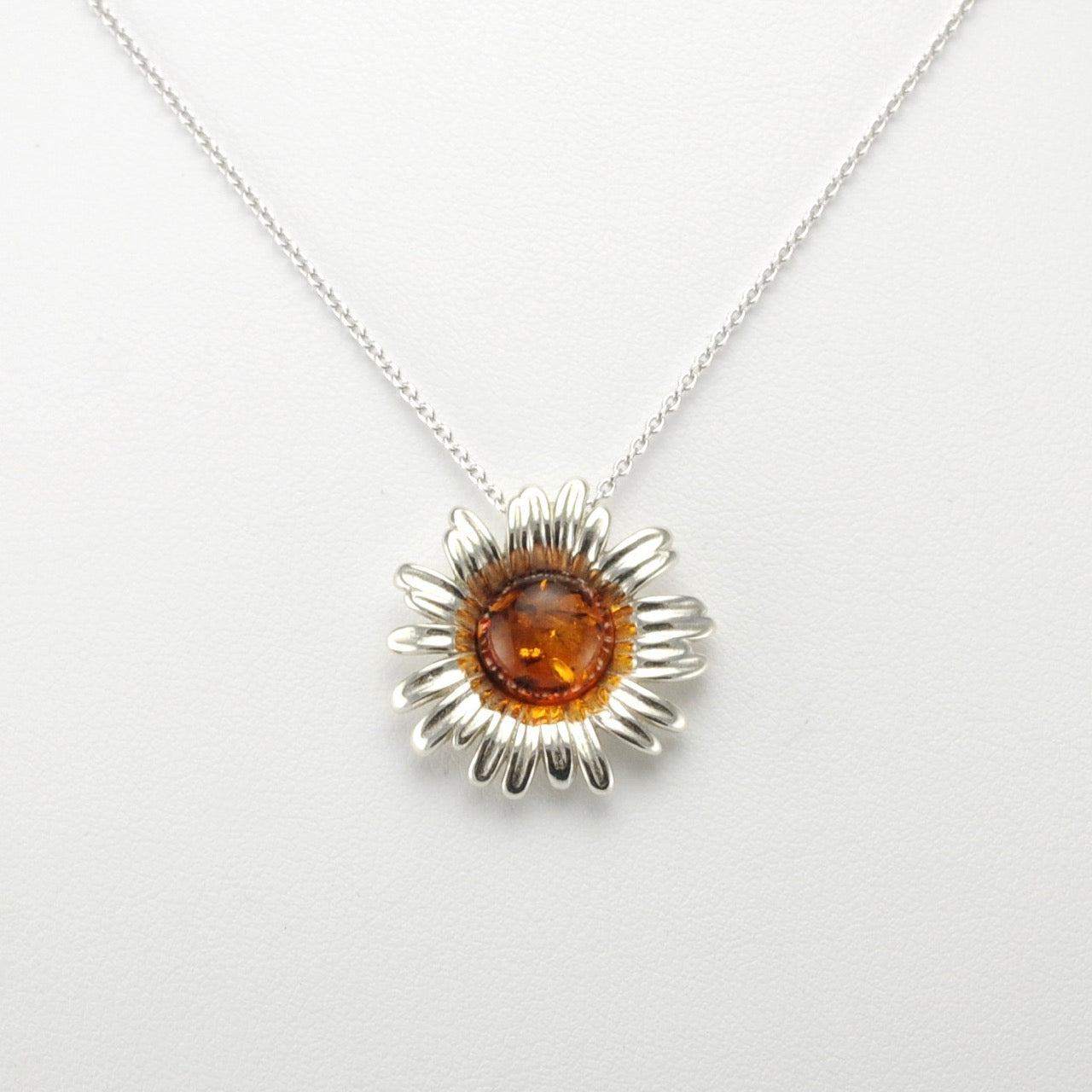 Silver Baltic Amber Daisy Necklace