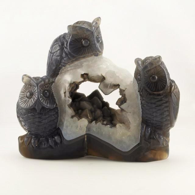 Druzy Agate 3 Owl Carving