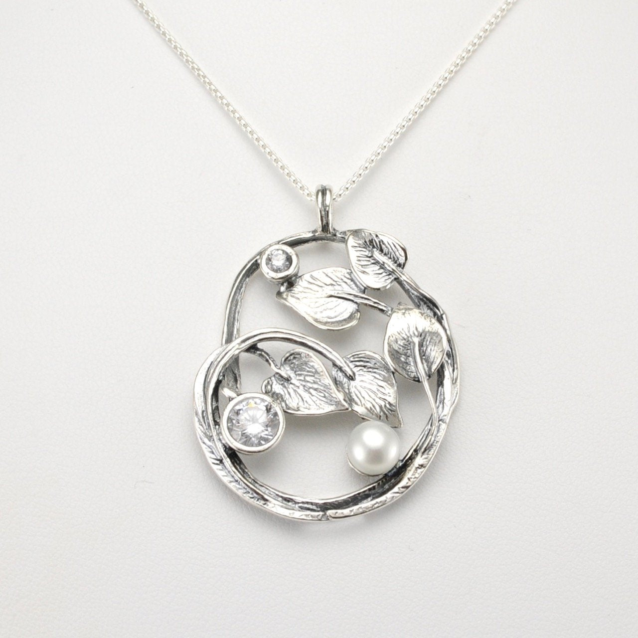 Silver Pearl Cz Leaf Swirl Necklace